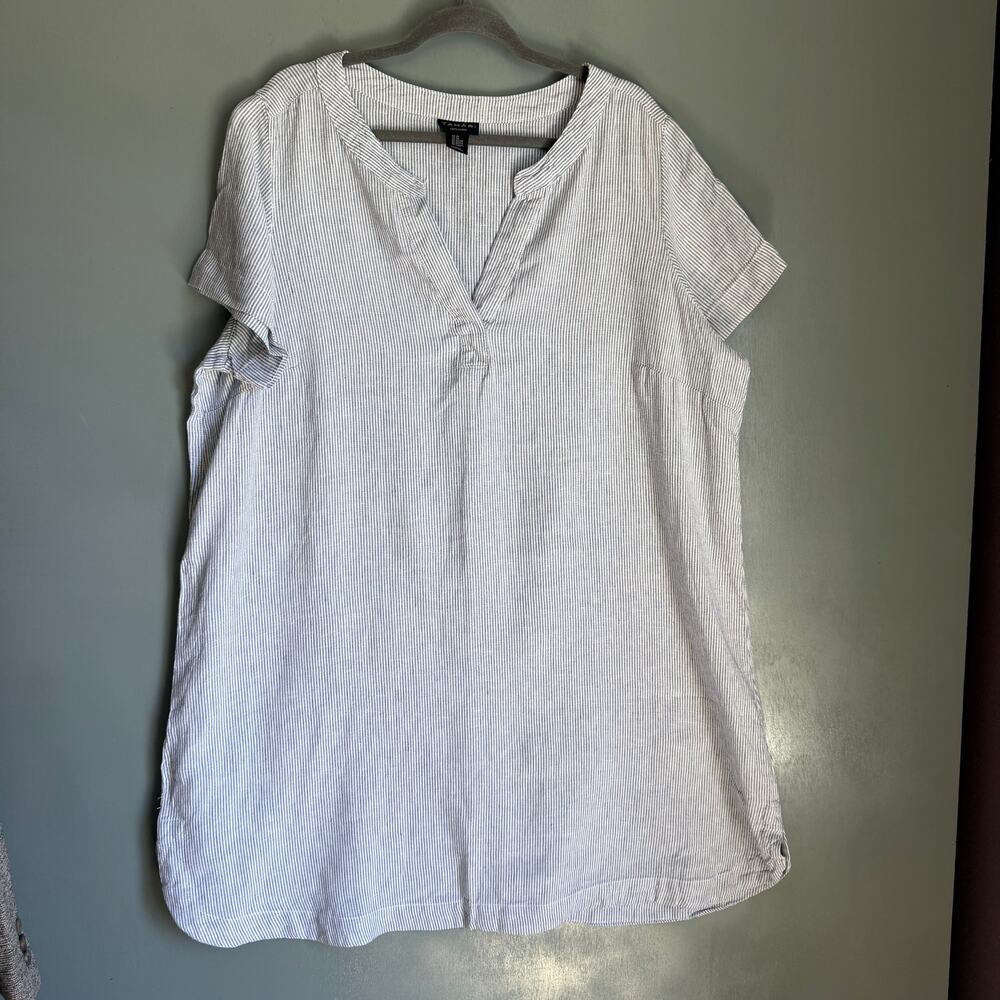 TAHARI Women's 2X Grey White Striped 100% Tunic Long Shirt Dress Summer Beach